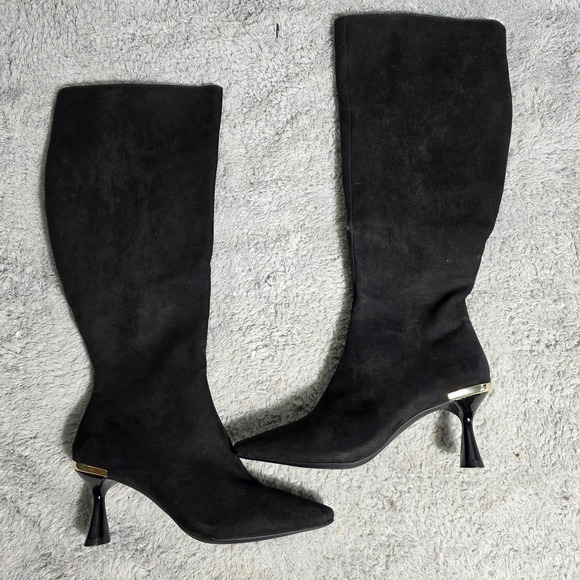Alfani Women Black Soft‎ Upper Pointed Toe Kitten Heel Knee High Boots 5M NEW - Picture 2 of 6